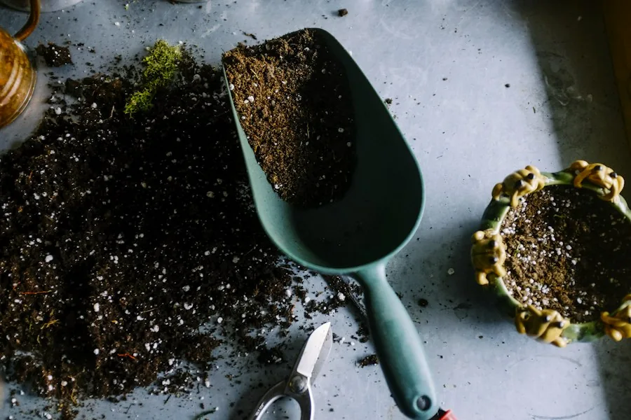 A garden trowel full of potting soil