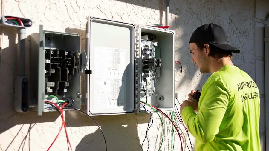 An installer wiring an outdoor electrical panel