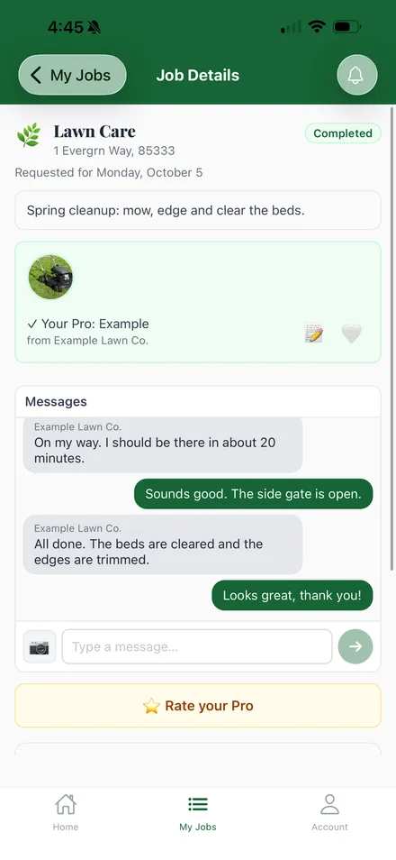 A completed lawn care job in the Evergrn app, with messages from the pro and a button to rate them.