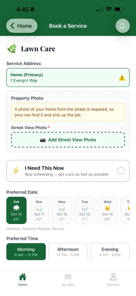 Booking a lawn care job in the Evergrn app, with the service address, a street view photo, and a choice of date and time.