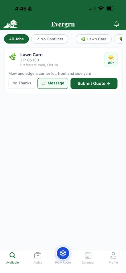 A pro's list of available jobs in the Evergrn app, showing a lawn care job and a button to submit a quote.